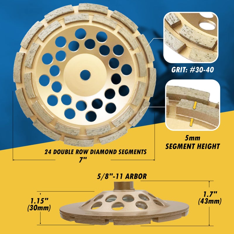 EDiamondTools عجلات طحن الماس 7" للخرسانة أو البناء، 24 قطعة مزدوجة الصفوف، 30/40 حبيبات، رابطة متوسطة، 5/8"-11 محور - Image 3